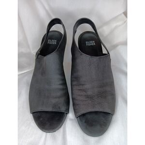 Eileen Fisher Vero Cucio Leather Slingback Sandals Block Heel Black Size 10